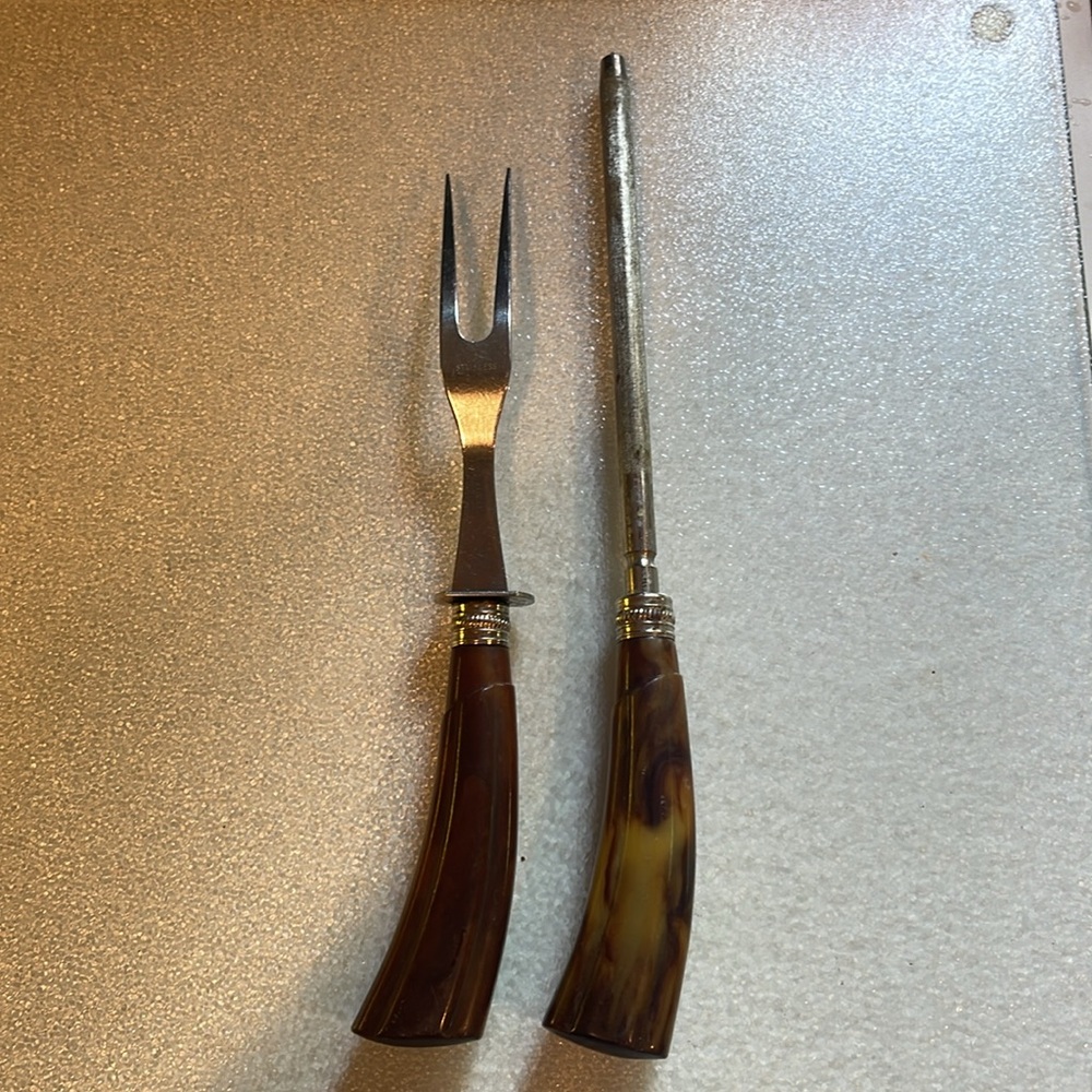 Vintage Cast Steel Knife Sharpening /Can Opener, Fork Marbled Bakelite Handle - Picture 5 of 10